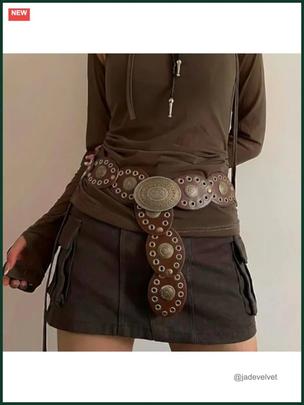 Vintage Western Disc Concho Belt PU Leather Wide Oval Hollow